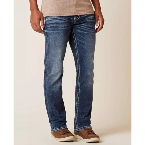BKE Jake Straight Leg Stretch Jeans Blue Denim 32R Embroidered Y2K Style - Picture 1 of 14